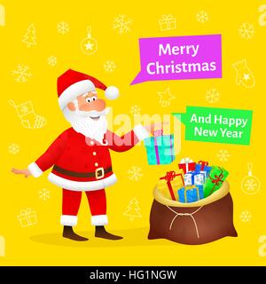 Merry Christmas Card. Flache lustige Greis Charakter Weihnachten Hintergrund Weihnachtsgeschenk festhalten. Urlaub-Banner oder Poster-Vorlage. Silvester-Dekoration-Design. Weihnachtsmann Cartoon-Vektor-Illustration. Stock Vektor