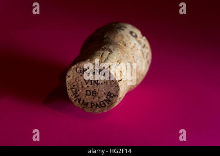 Der Korken aus einer Flasche Champagner. Die Worte "Grand Vin de Chanpagne" sind auf den Korken. Stockfoto