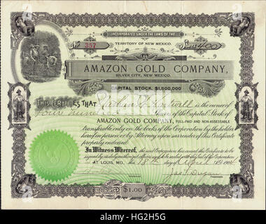 1904 Amazon Gold Company Aktienzertifikat - Silver City - Neuland Mexiko - USA Stockfoto