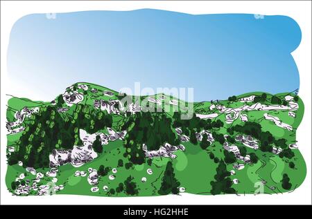 Digitale Vektor Berglandschaft bemalte Skizze mit Pinien und blauer Himmel, Transfagaras Straße in Rumänien Stock Vektor