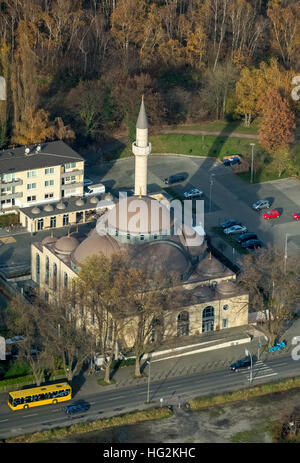 Antenne, DITIB Merkez Moschee Duisburg, Islam, Minarett, größte Moschee in Deutschland, Duisburg, Ruhr Aeria, Nordrhein-Westfalen, Stockfoto