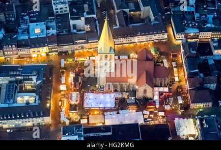 Luftaufnahme, Weihnachtsmarkt an der Paulus-Kirche, Pauluskirche Hamm mit Weihnachtsmarkt und West Street, Hamm, Ruhr Aeria, Stockfoto