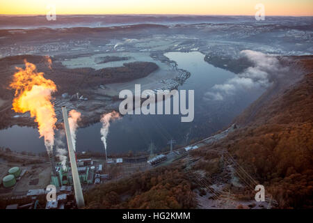 Luftbild, Sonnenaufgang über den Harkortsee an die Stadt Grenzen zwischen Wetter und Herdecke, Powerplant Cuno, Harkortsee, Stockfoto