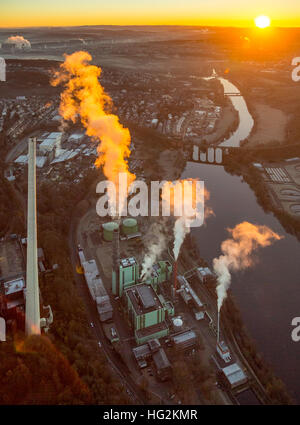 Luftbild, Sonnenaufgang über den Harkortsee an die Stadt Grenzen zwischen Wetter und Herdecke, Harkort-Turm und Cuno Kraftwerk Stockfoto