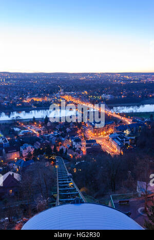 Dresden: Blick von der Bergstation der Schwebebahn auf die Elbe und die Brücke "Blaues Wunder" ("blaues Wunder") bei Sonnenuntergang, Sachsen, Sax Stockfoto