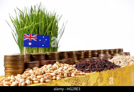Australien-Fähnchen mit Stapel von Geld Münzen und Haufen von Weizen und Reis Samen Stockfoto