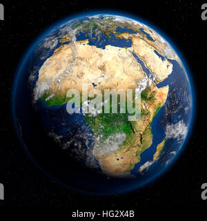 Erde aus dem Weltraum zeigt Afrika angesehen. Realistische digitale Illustration einschließlich Reliefkarte Hügel Schattierung des Geländes. Bitte Kredit Nasa. Stockfoto