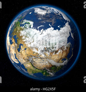 Erde aus dem Weltraum zeigt Russland angesehen. Realistische digitale Illustration einschließlich Reliefkarte Hügel Schattierung des Geländes. Bitte Kredit Nasa. Stockfoto