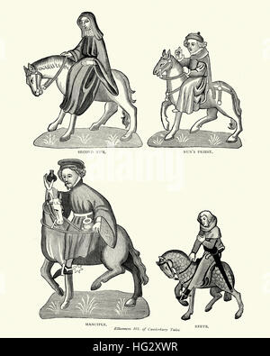 Figuren aus Geoffrey Chaucer, Canterbury Tales, Nonne, Priester, Manciple und Reeve Stockfoto