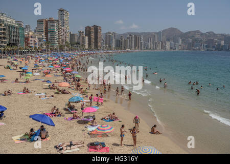 Touristen am Strand Playa de Levante, Benidorm, Alicante, Costa Blanca, Spanien Stockfoto