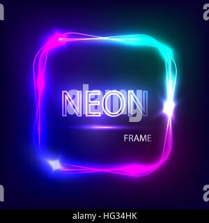 Neon quadratischen glühenden Rahmen. Leichte Banner mit Neon-Effekt. Elektro Rahmen auf dunklem Hintergrund. Leuchtreklame mit Fackeln und funkelt. Vintage Vektor-Illustration. Stock Vektor