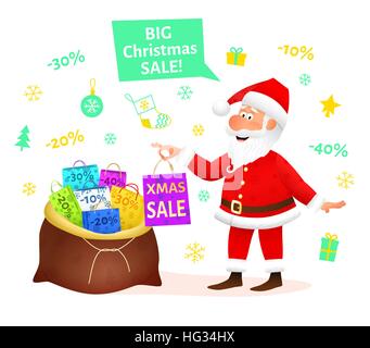 Weihnachtsverkauf. Flache lustige Greis Charakter Weihnachten Hintergrund Weihnachtsgeschenk festhalten. Banner oder Poster Vorlage Rabatt. Weihnachten Dekoration Design. Weihnachtsmann Cartoon-Vektor-Illustration. Stock Vektor