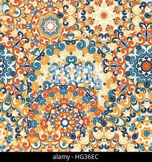 Bunten ethnischen Musterdesign mit Mandalas im orientalischen Stil. Runde Deckchen mit blau gelb, Orange locken und wirbelt, Weben in Arabesque traditionelle Spitze Ornament. Vektor-Illustration. Stock Vektor