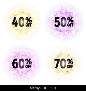 Rabatt-Banner auf abstrakte runden Pulver Wolken mit Staubpartikeln isoliert auf weißem Hintergrund gesetzt. 40, 50, 60, 70 Prozent Rabatt über bunte Kreise mit Glut und Bokeh-Effekt. Vektor-illustration Stock Vektor