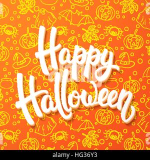 Halloween Schriftzug zu putzen. Weiße 3D-Buchstaben auf orangem Hintergrund mit Kessel, Fledermäuse, Geister, Kürbisse, Spinnen. Dekoration für Halloween Grußkarten gestalten. Vektor-Illustration. Stock Vektor