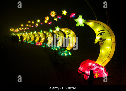 BEEKSE BERGEN, Niederlande - Dezember 29 2016:african Lichterfest mit Crescent Halbmond Gruppe voller Lichter im Beekse Bergen am 29. Dezember Stockfoto