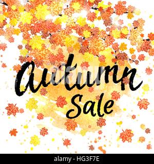 Herbst Sale Schriftzug Banner. Saisonale Rabatt Herbst Poster mit strukturierten handgezeichnete Typografie und bunte Blätter auf abstrakte Aquarell Hintergrund. Vektor-illustration Stock Vektor