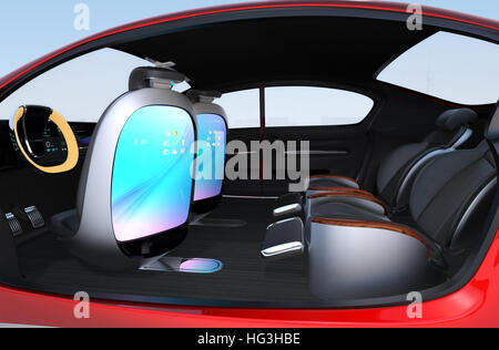 Selbstfahrendes Auto Konzept Bild. Einsatz-Touch-Screen der Vordersitze kann Internet zugreifen. 3D-Rendering Bild. Stockfoto