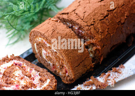 Scheiben von leckeren Schokolade Biskuit Rollen mit Sahne. Stockfoto