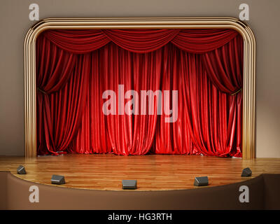 Theaterbühne mit geschlossenem roten Vorhang. 3D Illustration. Stockfoto