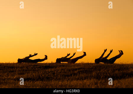 Drei Mädchen üben Yoga bei Sonnenuntergang. Stockfoto