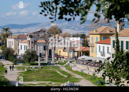 Archäologische Stätte Ansicht von Plaka. Römische Agora von Athen Stockfoto