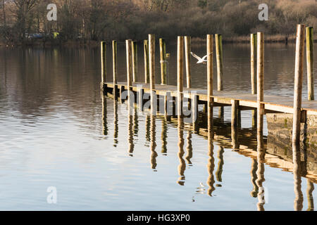 Ein Holzsteg oder Liegeplatz auf Derwentwater Keswick Cumbria Uk in der Wintersonne Stockfoto