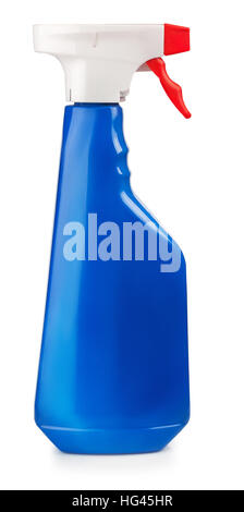 eine blaue Kunststoff-Flasche mit Reinigungsspray isoliert auf weißem Hintergrund Stockfoto
