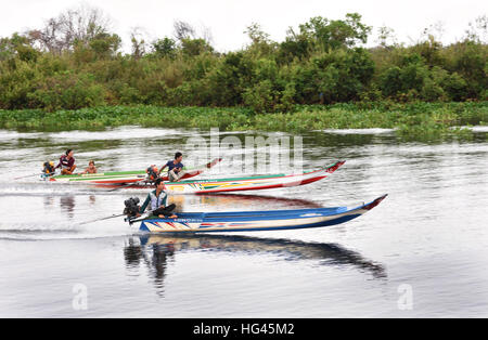 Bootsrennen junge Männer auf der Sangkhae - Sangker River Battambang Provinz Cambodia.The Tonle Sap Frischwasser See (reichsten See zum Angeln in der Welt) fließt in den Mekong in Phnom Penh.  Die kambodschanische Bevölkerung hat auch für das einzigartige Ökosystem des Sees mit schwimmenden angepasst (Fischer-Fischerei) Dörfer und gestelzt Häuser. Stockfoto