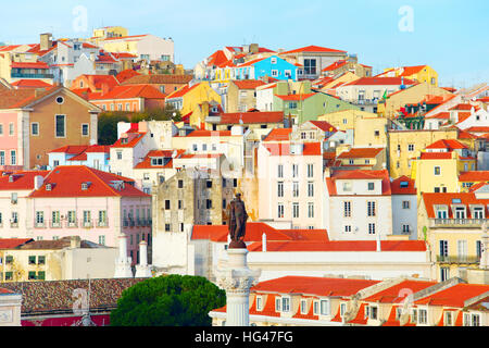 Anzeigen der alten Stadt von Lissabon mit Denkmal von König Pedro IV. Portugal Stockfoto