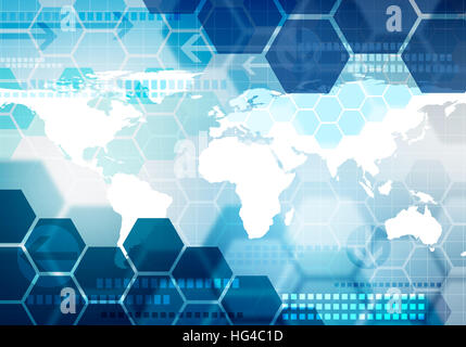 Digitale gradiented Konzeptbild Sechseck gestreift Business-Technologie-Hintergrund mit Pfeil und erlauben Weltkarte für Unternehmensmarken, Präsentation, Stockfoto