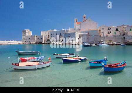 Angelboote/Fischerboote im Hafen, Altstadt mit Kathedrale, Giovinazzo, Bari-Viertel, Puglia, Italien, mediterran Stockfoto