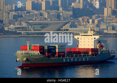 Containerschiff, Hafen von Busan, Südkorea, Asien Stockfoto