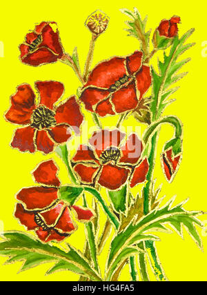 Mohnblumen auf gelbem Hintergrund, gemalte Illustration, Aquarell und Gouache. Stockfoto