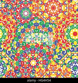 Bunten ethnischen Musterdesign mit Mandalas im orientalischen Stil. Runde Deckchen mit rot, grün, gelb, Orange, locken und wirbelt weben in Arabesque traditionelle Spitze Ornament. Vektor-Illustration. Stock Vektor
