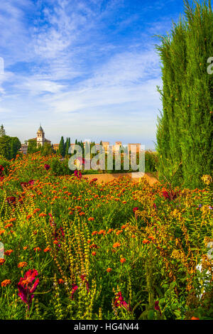 Gärten des Palacio de Generalife, Teil der Alhambra in Granada, Andalusien, Spanien Stockfoto