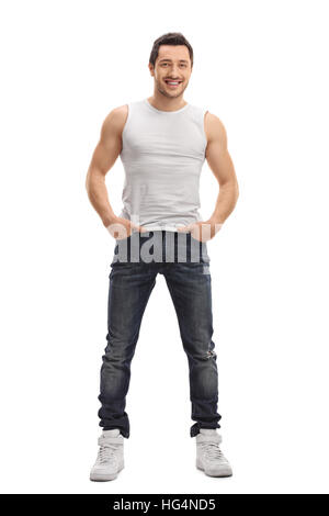In voller Länge Portrait eines jungen Mannes posiert isoliert auf weißem Hintergrund Stockfoto