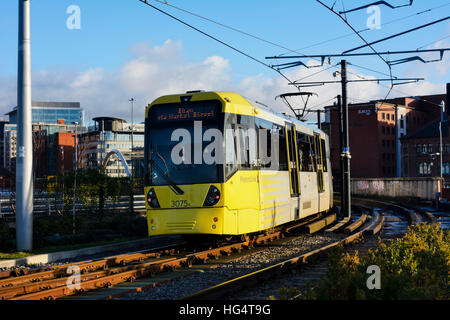 Die Stadtbahn Haltestelle Deansgate in Manchester England. Stockfoto