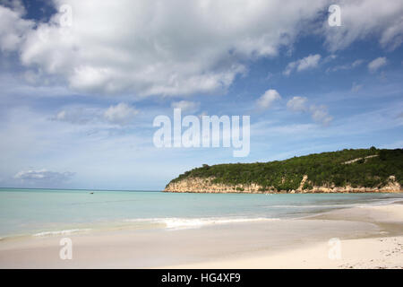 Schöne Landschaft von Runaway Beach in Antigua, mit goldenem Sand, türkisfarbenes Meer & blauer Himmel, Caribbean. Stockfoto