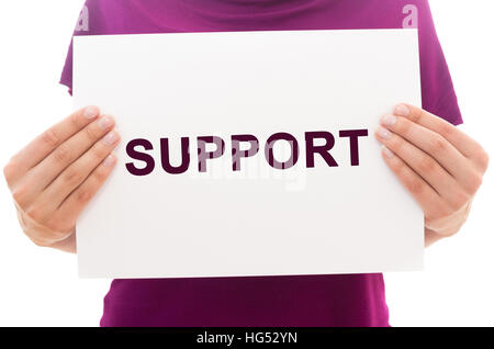 Mädchen mit weißem Papierblatt mit Text Unterstützung Stockfoto