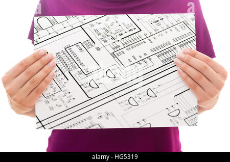 Mädchen halten Weißbuch Blatt mit Foto der technischen Zeichnung Stockfoto