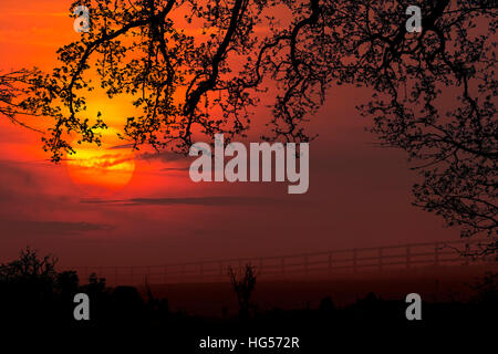 Sonnenaufgang über landwirtschaftliche Flächen in der Landschaft von North Yorkshire in der Nähe von Markt-Stadt von Malton im Vereinigten Königreich. Stockfoto