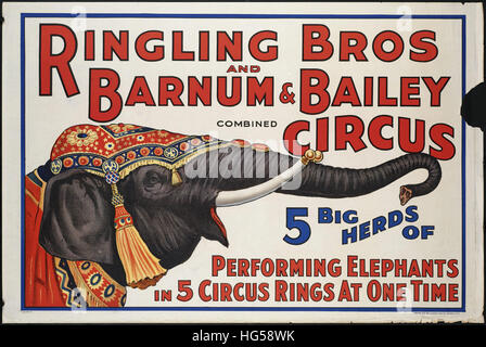 Zirkus-Poster - Ringling Bros und & Bailey kombiniert Zirkus Barnum   5 große Herden von Elefanten in 5 Zirkus Ringe gleichzeitig ausführen Stockfoto