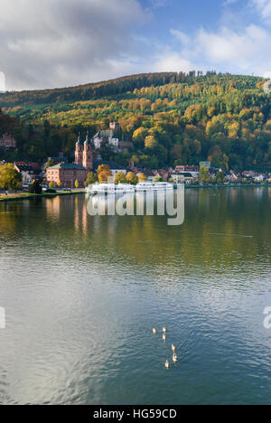 Miltenberg: Blick von der Main-Brücke in die Altstadt und Burg Mildenburg, Unterfranken, Unterfranken, Bayern, Bayern, Deutschland Stockfoto