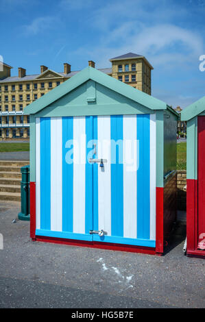 Farbenfrohe Strandhütte an der Küste von Hove in East Sussex, England, in den Farben von Brighton und Hove Football Club. Stockfoto