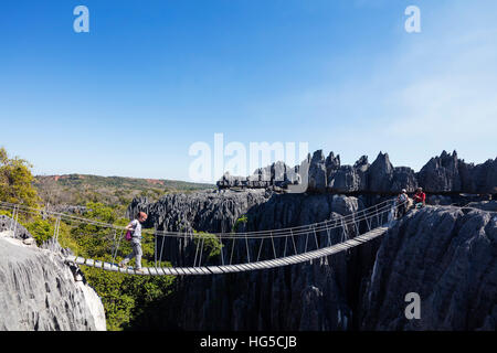 Touristen, die Überquerung einer Hängebrücke Grand Tsingy, Tsingy du Bemaraha Nationalpark, UNESCO, Westregion Stockfoto