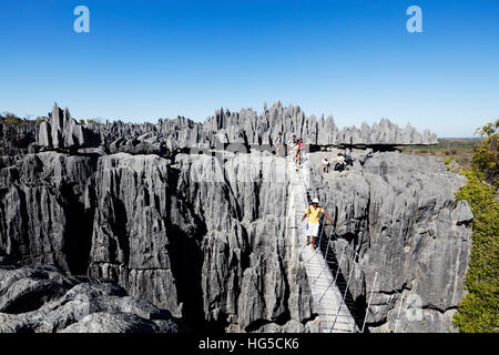 Touristen, die über ein Seil Braut, Grand Tsingy, Tsingy du Bemaraha Nationalpark, UNESCO, Westregion Stockfoto