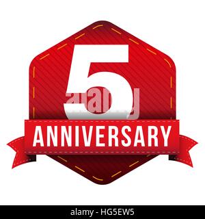 Fünfjähriges Jubiläum Abzeichen mit rotem Band Stock Vektor