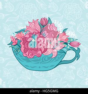 Kreative frische Hand gemalte Gliederung Skizze floral-Karte in Türkis und rosa Farben Stock Vektor