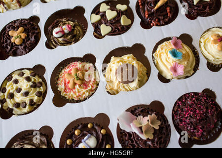 Eine große Kiste von Hand gefertigt, verziert hausgemachte Cupcakes mit verschiedenen Toppings und Vereisung. Stockfoto